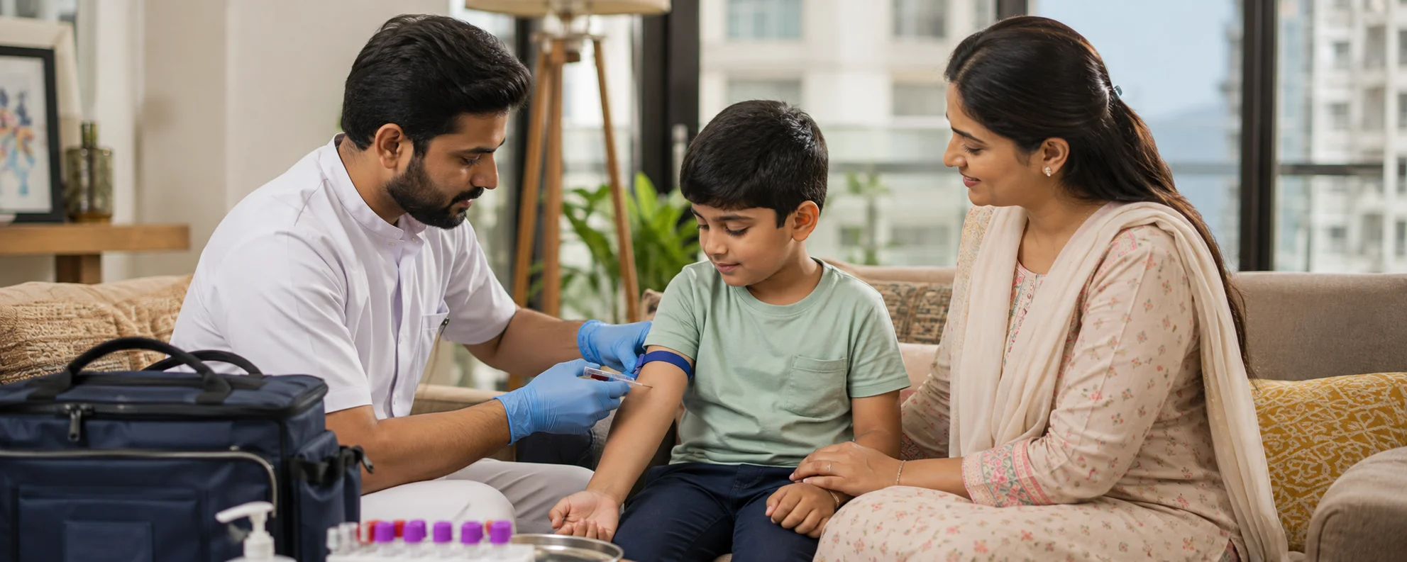 FRAT Test Delhi home collection — Altus Diagnostic certified phlebotomist collecting blood sample at patient's home in Delhi