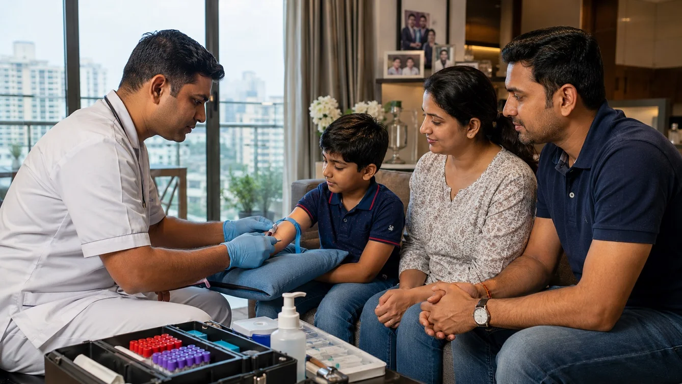 FRAT Test Maharashtra home collection — Altus Diagnostic phlebotomist collecting blood sample at patient home in Maharashtra