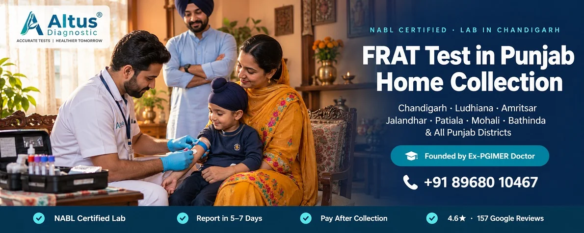 FRAT Test Punjab home collection — Altus Diagnostic certified phlebotomist collecting blood sample at patient home in Punjab